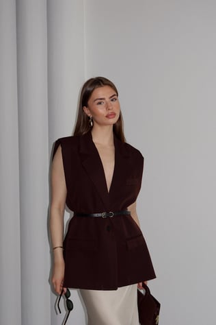 Aylana Kemerli Blazer Yelek Kahve