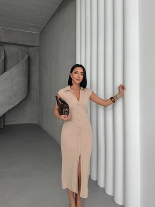 Büzgü Detaylı Kalem Elbise Krem