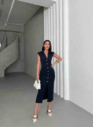 Büzgü Detaylı Kalem Elbise Lacivert