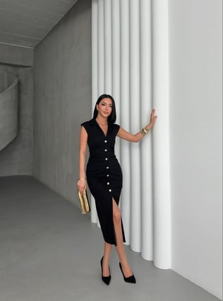 Büzgü Detaylı Kalem Elbise Siyah