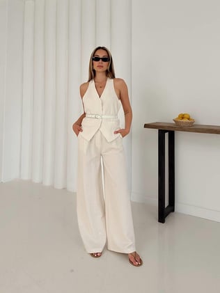 Kemerli Yelekli Takım Bej