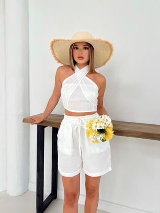 Müslin Bağlamalı Detay Şortlu Takım Beyaz