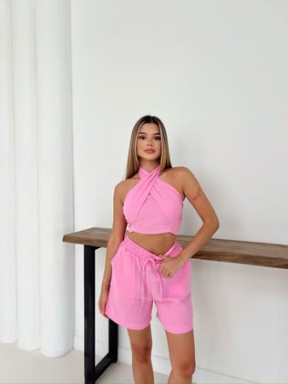 Müslin Bağlamalı Detay Şortlu Takım Pembe