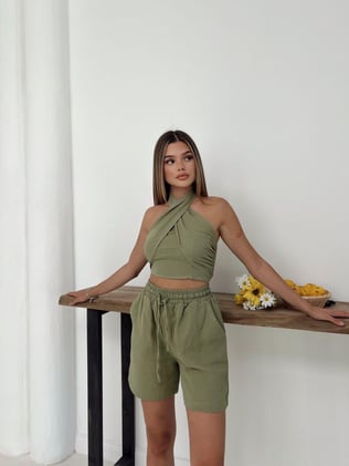 Müslin Bağlamalı Detay Şortlu Takım Yeşil