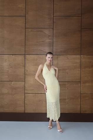 Halter Dantelli Elbise Sarı