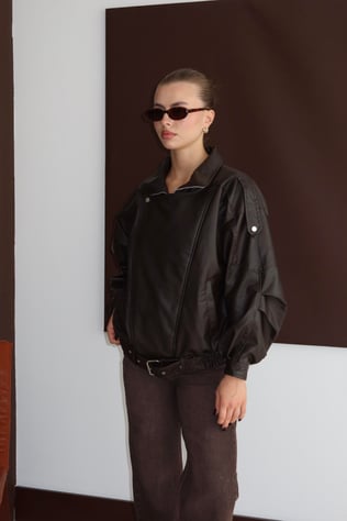 Oversize Kemerli Deri Ceket Kahverengi