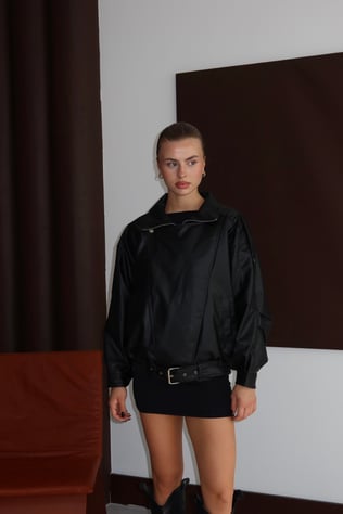 Oversize Kemerli Deri Ceket Siyah