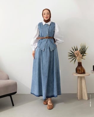 Yelek Etek Mavi Denim Takım