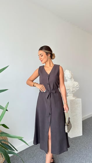 Kahve Carli Kuşaklı Tensel Massi Elbise