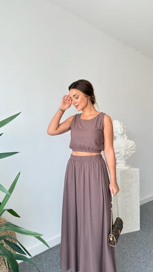Kahve Keten Etekli Crop Takım