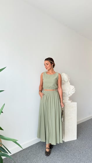 Mint Keten Etekli Crop Takım