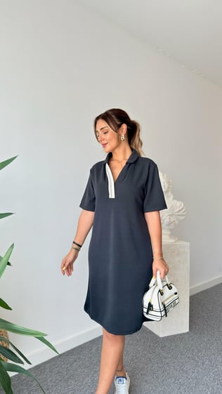 Polo Yaka Şerit Detay Modal Elbise 