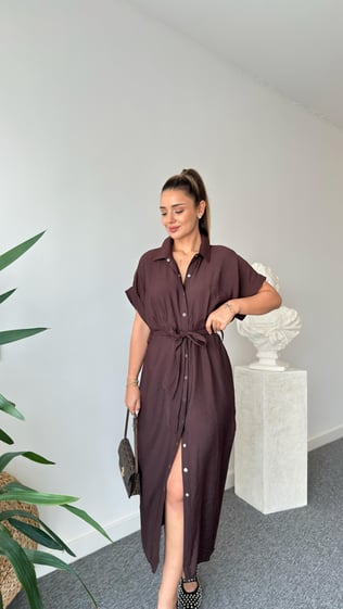 Kahve Lunea Kuşaklı Tensel Elbise 