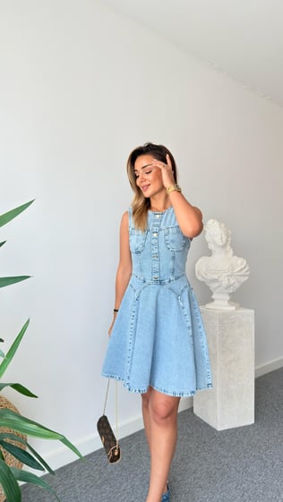 Rital Volanlı Kolsuz Mavi Jean Elbise 