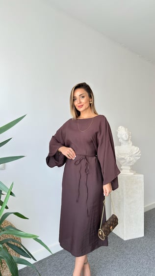 Kahve Yarasa Kol Kuşaklı Massi Elbise 