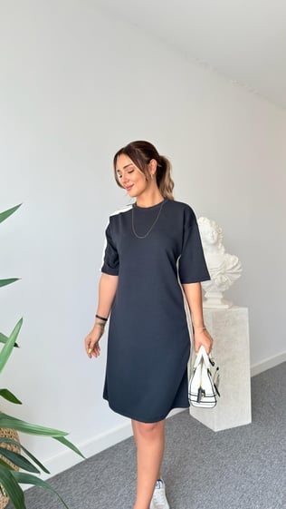 Bisiklet Yaka Şerit Detay Modal Elbise 