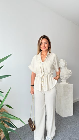 Risha Zra Model Bel Büzgülü Keten Takım