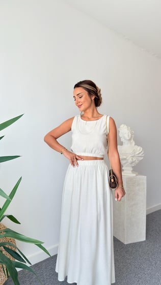 Bej  Keten Etekli Crop Takım