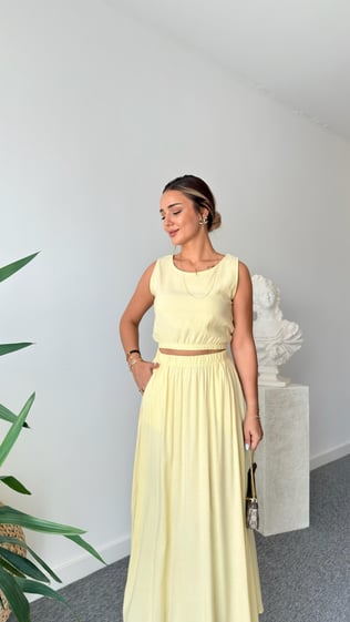 Sarı Keten Etekli Crop Takım
