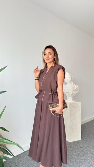 Kahve Quen Taş Detaylı Tensel Etekli Takım