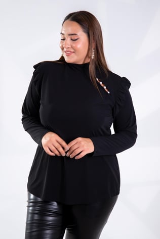 Büyük Beden 121906 Omuzu Fırfırlı İncili Bluz  Siyah