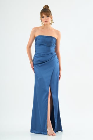 58416-54CARMENCarmen İndigo Straplez Pliseli Saten Abiye Elbise