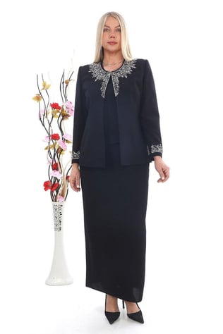 Yakası Taş İşlemeli Zarif Siyah Uzun Etekli Üçlü Takım