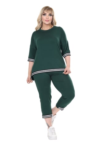 Melsay Butik Yeşil Bisiklet Yaka Şerit Detaylı Kısa Kollu Beli Lastikli Kapri Takım