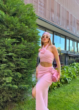 Çiçek Detaylı Triko Takım Pembe