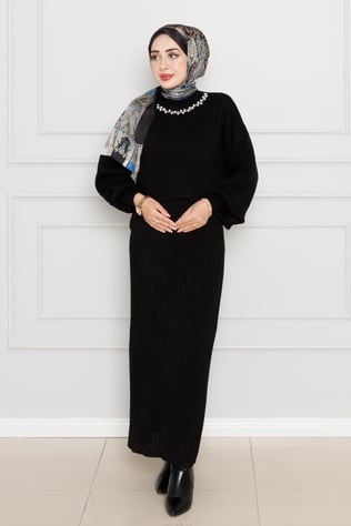 Pearl Detailed, Knit Dress-black color