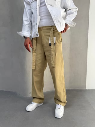 Bej Gabardin Kumaş Baggy Pantolon