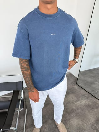 Mavi Yıkamalı Baskılı Oversize T-Shirt