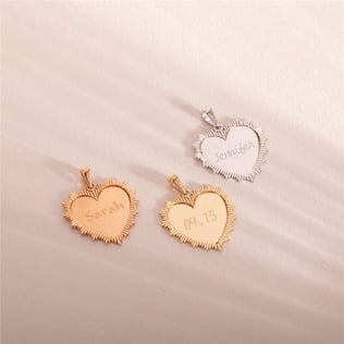 Goldstore-Custom Engraved Fluted Frame Heart Initial Pendant Necklace 14K 18K Solid Gold, Personalized Date Name Engraved Sunburst Heart Pendant Gift