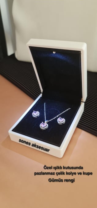 Işıklı Set Kutusunda Gerçek Çelik Gümüş Renk Kolye ve KüpeIşıklı Set Kutusunda Gerçek Çelik Gümüş Renk Kolye ve Küpe kararmaz Doğumgünü Özel gün Hediye Anneler Günü