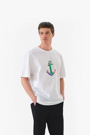John Frank Beyaz Anchor Oversize Erkek T-Shirt