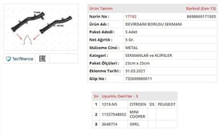 DEVİRDAİM BORUSU SEGMANI PEUGEOT 207 / 208 / 308 1.4 - 1.6 16V 2008 / 3008 / 508 / 5008 1.6 PARTNER TEPEE / RCZ 1.6  C3 / C3 PICASSO / C4 / DS3 / DS4 / DS5 1.4 C4 PICASSO / C5 II / BERLINGO III 1.6 MINI COOPER R55 / R56 / R57 / R58 / R59 / R60 / R61 1.6