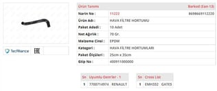 HAVA FİLTRE HORTUMU RENAULT 9 / RENAULT 11 FLASH / RENAULT 19 1.6 CARB.