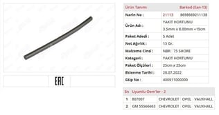 YAKIT HORTUMU 3.5MM X 8.00MM=15CM ASTRA  J CRUZE CORSA MERIVA