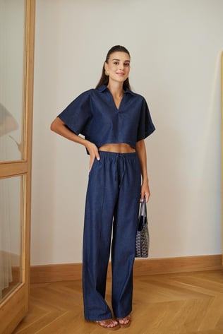 Lacivert Polo Yaka Crop Bluz Pantolon Denim Takım