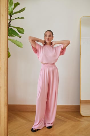 Pembe Beli Lastikli Bol Paça Mevsimlik Eşofman Pantolon