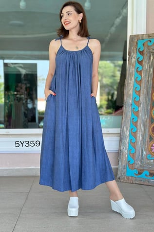 İp Askılı Batik Keten Elbise