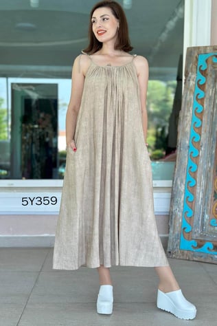 İp Askılı Batik Keten Elbise