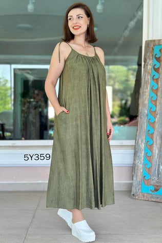 İp Askılı Batik Keten Elbise
