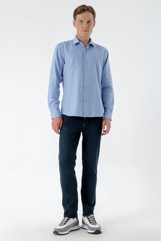 Morven Erkek Mavi Trend Baskılı Desenli İtalyan Yaka Slim Fit Gömlek
