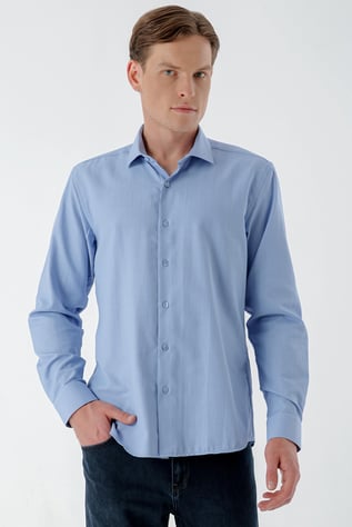 Morven Erkek Mavi Trend Baskılı Desenli İtalyan Yaka Slim Fit Gömlek