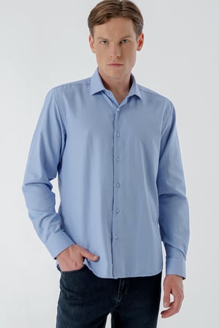 Morven Erkek Mavi Trend Baskılı Desenli İtalyan Yaka Slim Fit Gömlek