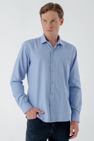 Morven Erkek Mavi Trend Baskılı Desenli İtalyan Yaka Slim Fit Gömlek
