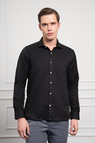 Morven Erkek Siyah Trend İtalyan Yaka  Slim Fit Dar Kesim Gömlek