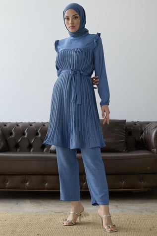 Front Pleated Ruffle Detail Indigo Suit