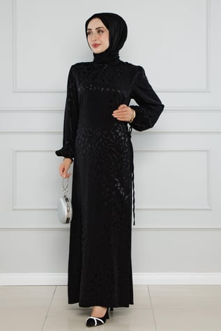 Satin hijabi evening dress-black color